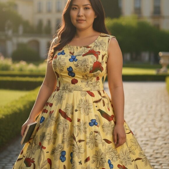 Vintage Bird Print Midi Dress in Cream and Red - Picture 1 of 4